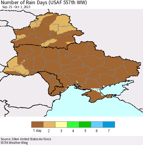 Ukraine, Moldova and Belarus Number of Rain Days (USAF 557th WW) Thematic Map For 9/25/2023 - 10/1/2023