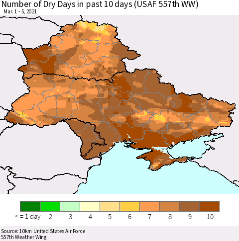 Ukraine, Moldova and Belarus Number of Dry Days in past 10 days (USAF 557th WW) Thematic Map For 3/1/2021 - 3/5/2021