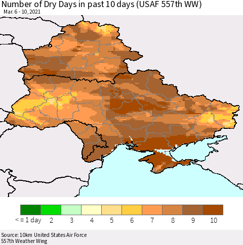 Ukraine, Moldova and Belarus Number of Dry Days in past 10 days (USAF 557th WW) Thematic Map For 3/6/2021 - 3/10/2021