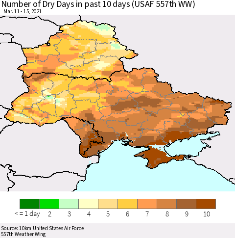 Ukraine, Moldova and Belarus Number of Dry Days in past 10 days (USAF 557th WW) Thematic Map For 3/11/2021 - 3/15/2021