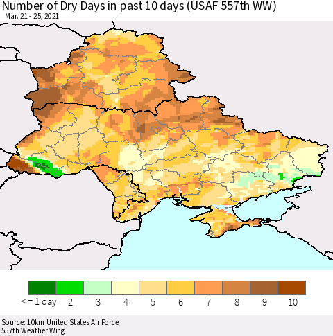 Ukraine, Moldova and Belarus Number of Dry Days in past 10 days (USAF 557th WW) Thematic Map For 3/21/2021 - 3/25/2021