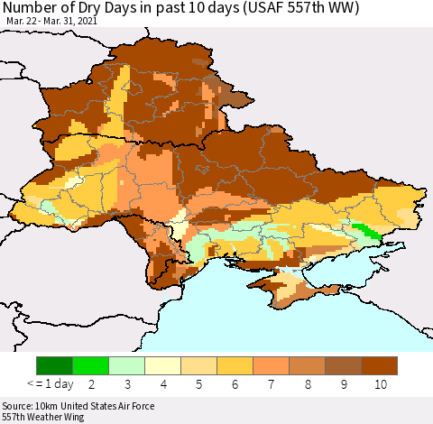 Ukraine, Moldova and Belarus Number of Dry Days in past 10 days (USAF 557th WW) Thematic Map For 3/26/2021 - 3/31/2021