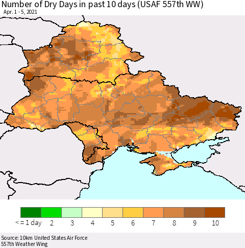 Ukraine, Moldova and Belarus Number of Dry Days in past 10 days (USAF 557th WW) Thematic Map For 4/1/2021 - 4/5/2021