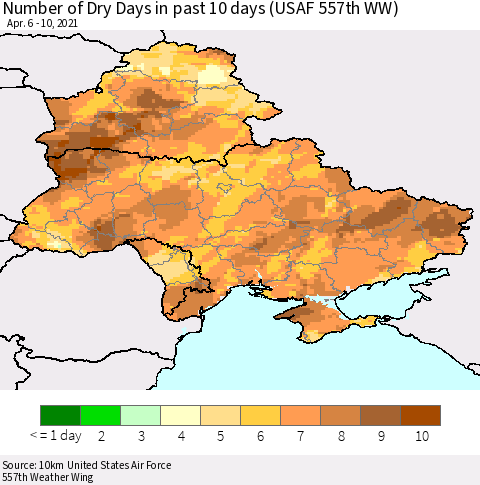 Ukraine, Moldova and Belarus Number of Dry Days in past 10 days (USAF 557th WW) Thematic Map For 4/6/2021 - 4/10/2021