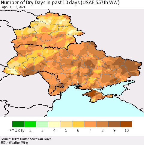 Ukraine, Moldova and Belarus Number of Dry Days in past 10 days (USAF 557th WW) Thematic Map For 4/11/2021 - 4/15/2021