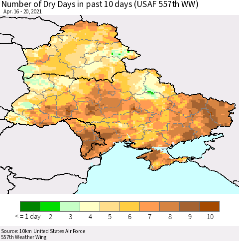 Ukraine, Moldova and Belarus Number of Dry Days in past 10 days (USAF 557th WW) Thematic Map For 4/16/2021 - 4/20/2021