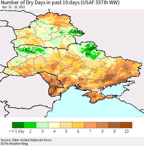 Ukraine, Moldova and Belarus Number of Dry Days in past 10 days (USAF 557th WW) Thematic Map For 4/21/2021 - 4/25/2021