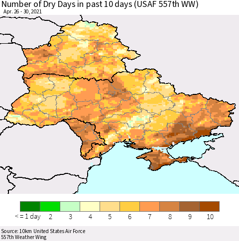Ukraine, Moldova and Belarus Number of Dry Days in past 10 days (USAF 557th WW) Thematic Map For 4/26/2021 - 4/30/2021