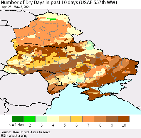 Ukraine, Moldova and Belarus Number of Dry Days in past 10 days (USAF 557th WW) Thematic Map For 5/1/2021 - 5/5/2021