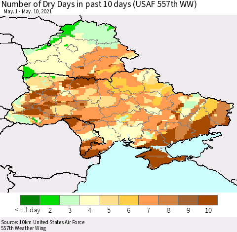 Ukraine, Moldova and Belarus Number of Dry Days in past 10 days (USAF 557th WW) Thematic Map For 5/6/2021 - 5/10/2021