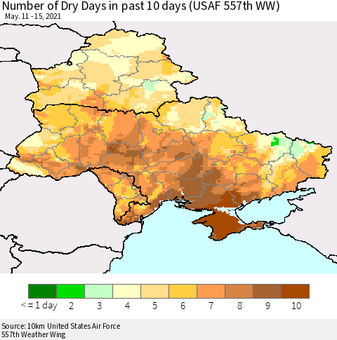 Ukraine, Moldova and Belarus Number of Dry Days in past 10 days (USAF 557th WW) Thematic Map For 5/11/2021 - 5/15/2021
