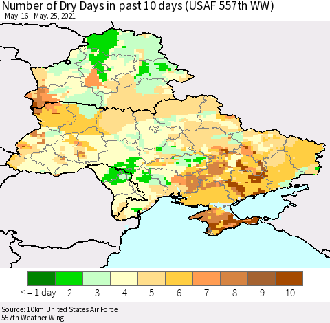 Ukraine, Moldova and Belarus Number of Dry Days in past 10 days (USAF 557th WW) Thematic Map For 5/21/2021 - 5/25/2021