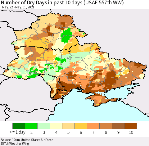 Ukraine, Moldova and Belarus Number of Dry Days in past 10 days (USAF 557th WW) Thematic Map For 5/26/2021 - 5/31/2021