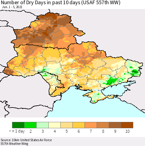 Ukraine, Moldova and Belarus Number of Dry Days in past 10 days (USAF 557th WW) Thematic Map For 6/1/2021 - 6/5/2021
