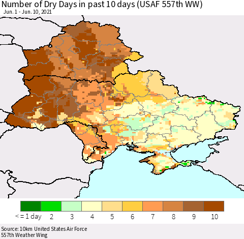 Ukraine, Moldova and Belarus Number of Dry Days in past 10 days (USAF 557th WW) Thematic Map For 6/6/2021 - 6/10/2021