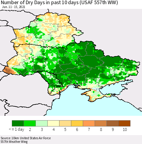 Ukraine, Moldova and Belarus Number of Dry Days in past 10 days (USAF 557th WW) Thematic Map For 6/11/2021 - 6/15/2021