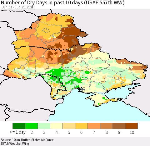 Ukraine, Moldova and Belarus Number of Dry Days in past 10 days (USAF 557th WW) Thematic Map For 6/16/2021 - 6/20/2021