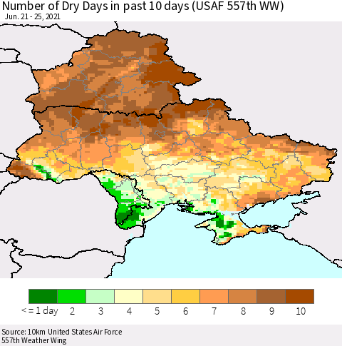 Ukraine, Moldova and Belarus Number of Dry Days in past 10 days (USAF 557th WW) Thematic Map For 6/21/2021 - 6/25/2021