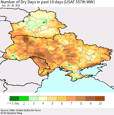 Ukraine, Moldova and Belarus Number of Dry Days in past 10 days (USAF 557th WW) Thematic Map For 6/26/2021 - 6/30/2021