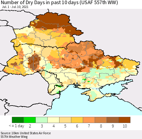 Ukraine, Moldova and Belarus Number of Dry Days in past 10 days (USAF 557th WW) Thematic Map For 7/6/2021 - 7/10/2021