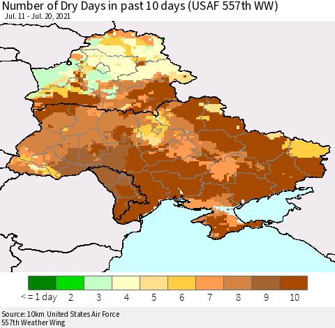 Ukraine, Moldova and Belarus Number of Dry Days in past 10 days (USAF 557th WW) Thematic Map For 7/16/2021 - 7/20/2021