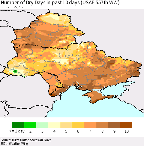 Ukraine, Moldova and Belarus Number of Dry Days in past 10 days (USAF 557th WW) Thematic Map For 7/21/2021 - 7/25/2021