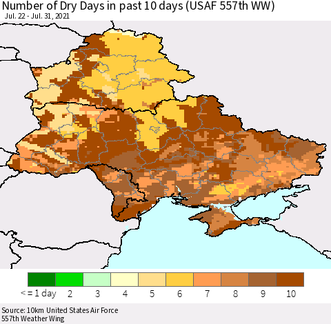 Ukraine, Moldova and Belarus Number of Dry Days in past 10 days (USAF 557th WW) Thematic Map For 7/26/2021 - 7/31/2021