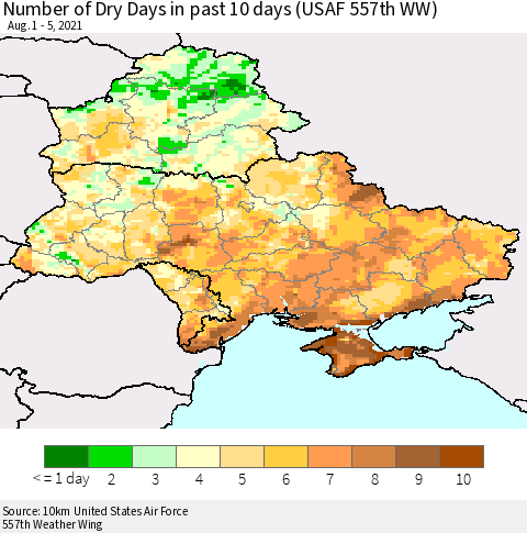 Ukraine, Moldova and Belarus Number of Dry Days in past 10 days (USAF 557th WW) Thematic Map For 8/1/2021 - 8/5/2021