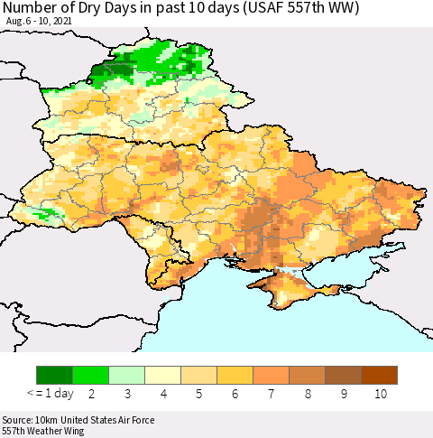 Ukraine, Moldova and Belarus Number of Dry Days in past 10 days (USAF 557th WW) Thematic Map For 8/6/2021 - 8/10/2021