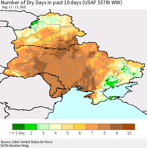 Ukraine, Moldova and Belarus Number of Dry Days in past 10 days (USAF 557th WW) Thematic Map For 8/11/2021 - 8/15/2021