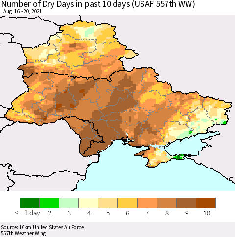 Ukraine, Moldova and Belarus Number of Dry Days in past 10 days (USAF 557th WW) Thematic Map For 8/16/2021 - 8/20/2021