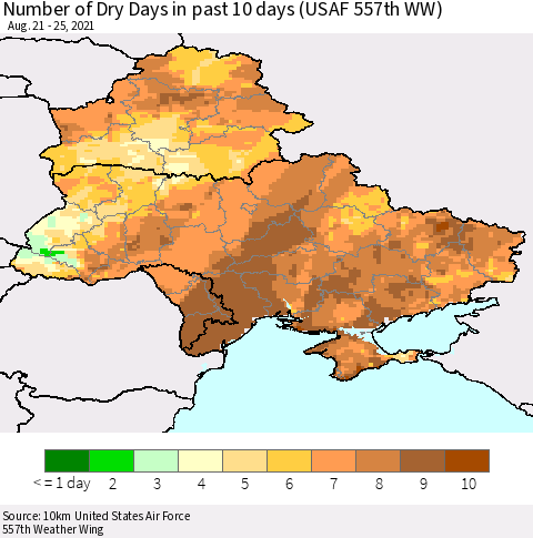 Ukraine, Moldova and Belarus Number of Dry Days in past 10 days (USAF 557th WW) Thematic Map For 8/21/2021 - 8/25/2021