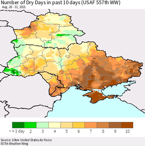Ukraine, Moldova and Belarus Number of Dry Days in past 10 days (USAF 557th WW) Thematic Map For 8/26/2021 - 8/31/2021