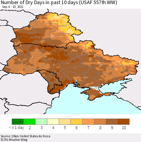 Ukraine, Moldova and Belarus Number of Dry Days in past 10 days (USAF 557th WW) Thematic Map For 9/6/2021 - 9/10/2021