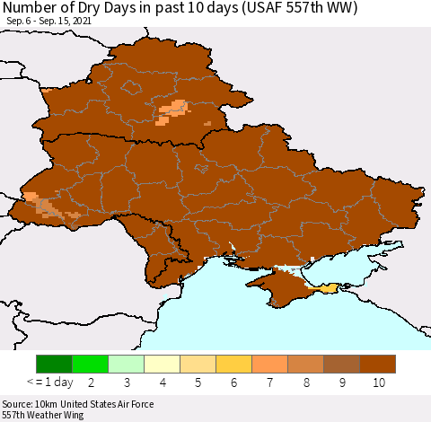 Ukraine, Moldova and Belarus Number of Dry Days in past 10 days (USAF 557th WW) Thematic Map For 9/11/2021 - 9/15/2021