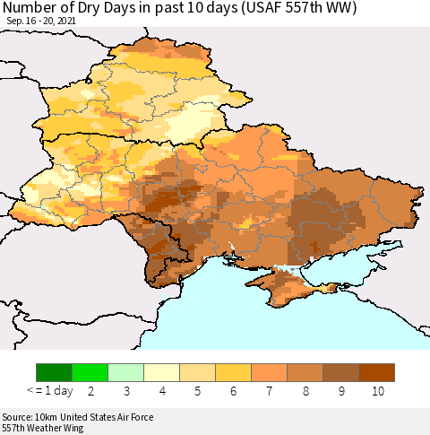 Ukraine, Moldova and Belarus Number of Dry Days in past 10 days (USAF 557th WW) Thematic Map For 9/16/2021 - 9/20/2021