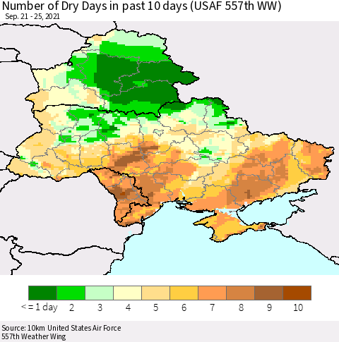 Ukraine, Moldova and Belarus Number of Dry Days in past 10 days (USAF 557th WW) Thematic Map For 9/21/2021 - 9/25/2021