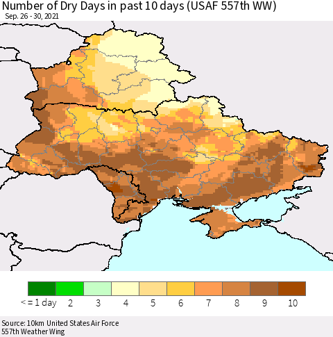 Ukraine, Moldova and Belarus Number of Dry Days in past 10 days (USAF 557th WW) Thematic Map For 9/26/2021 - 9/30/2021