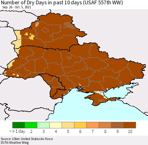 Ukraine, Moldova and Belarus Number of Dry Days in past 10 days (USAF 557th WW) Thematic Map For 10/1/2021 - 10/5/2021