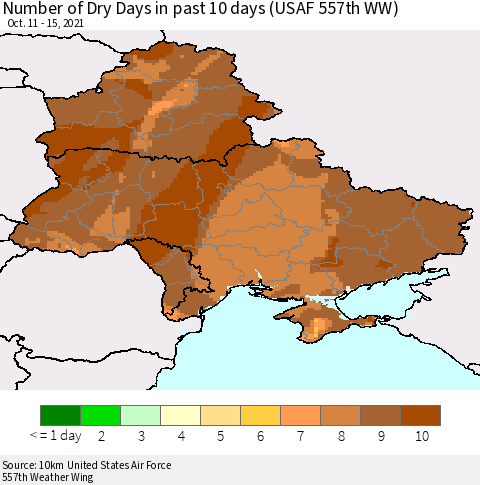 Ukraine, Moldova and Belarus Number of Dry Days in past 10 days (USAF 557th WW) Thematic Map For 10/11/2021 - 10/15/2021