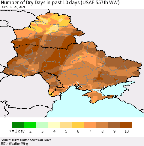 Ukraine, Moldova and Belarus Number of Dry Days in past 10 days (USAF 557th WW) Thematic Map For 10/16/2021 - 10/20/2021
