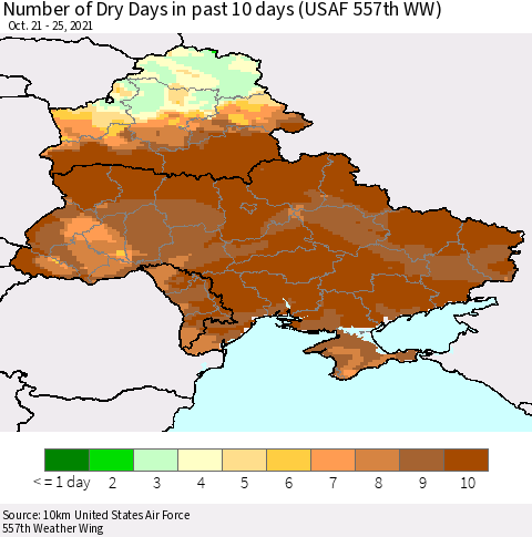 Ukraine, Moldova and Belarus Number of Dry Days in past 10 days (USAF 557th WW) Thematic Map For 10/21/2021 - 10/25/2021