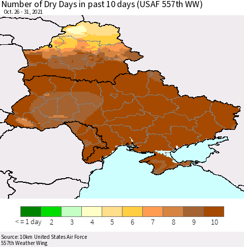 Ukraine, Moldova and Belarus Number of Dry Days in past 10 days (USAF 557th WW) Thematic Map For 10/26/2021 - 10/31/2021