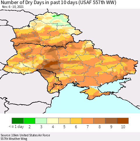 Ukraine, Moldova and Belarus Number of Dry Days in past 10 days (USAF 557th WW) Thematic Map For 11/6/2021 - 11/10/2021
