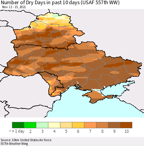 Ukraine, Moldova and Belarus Number of Dry Days in past 10 days (USAF 557th WW) Thematic Map For 11/11/2021 - 11/15/2021