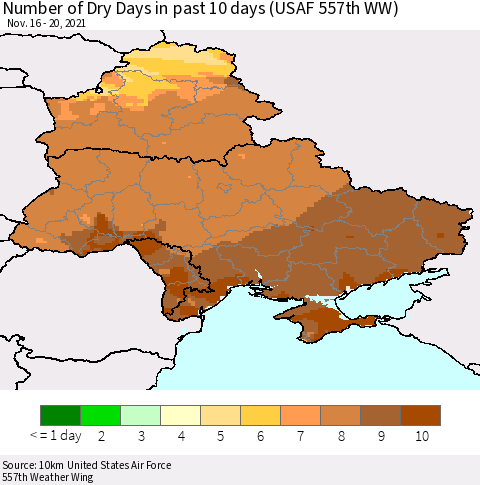 Ukraine, Moldova and Belarus Number of Dry Days in past 10 days (USAF 557th WW) Thematic Map For 11/16/2021 - 11/20/2021