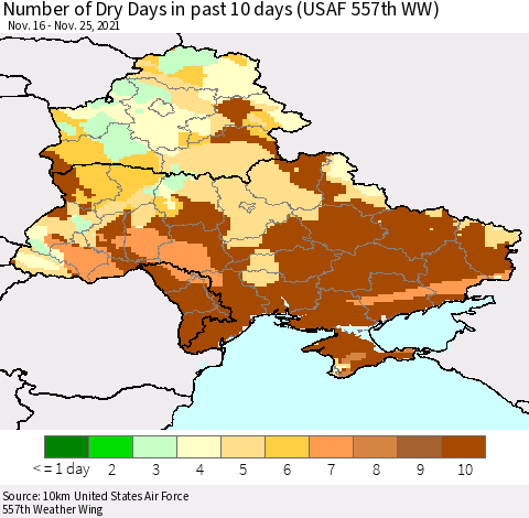 Ukraine, Moldova and Belarus Number of Dry Days in past 10 days (USAF 557th WW) Thematic Map For 11/21/2021 - 11/25/2021