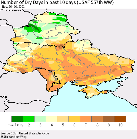 Ukraine, Moldova and Belarus Number of Dry Days in past 10 days (USAF 557th WW) Thematic Map For 11/26/2021 - 11/30/2021