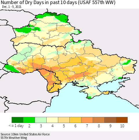 Ukraine, Moldova and Belarus Number of Dry Days in past 10 days (USAF 557th WW) Thematic Map For 12/1/2021 - 12/5/2021