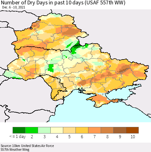 Ukraine, Moldova and Belarus Number of Dry Days in past 10 days (USAF 557th WW) Thematic Map For 12/6/2021 - 12/10/2021